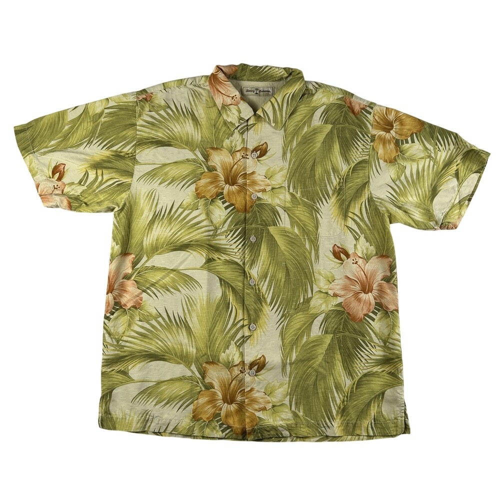 Tommy Bahama Shirt Mens Medium Green Floral Short Sleeve Silk Hawaiian Aloha